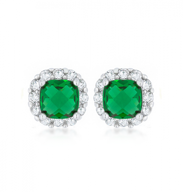 Emerald Cushion Halo Stud Earrings