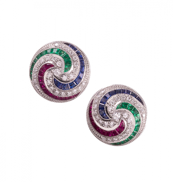 Sapphire Ruby Emerald Diamond Gold Pinwheel Stud Earrings