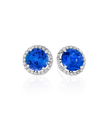 Round Blue and White Sapphire Earrings